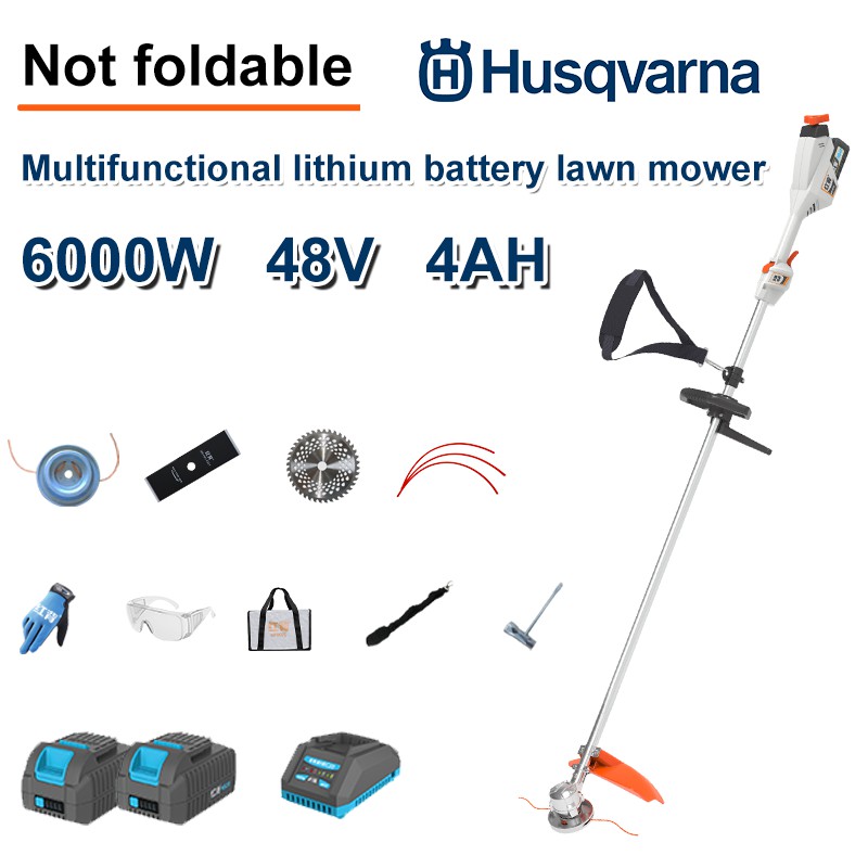 Cortador de grama sem escova de 6000 W + bateria de lítio 48V / 4AH * 2 + lâmina de serra circular + lâmina de serra reta + disco de remoção de ervas daninhas + corda de remoção de ervas daninhas * 20 + carregador original + outros acessórios + garantia de dez anos