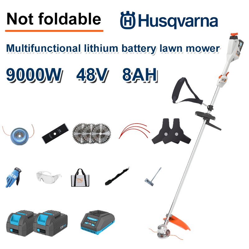 Cortador de grama sem escova de 9000 W + bateria de lítio 48V / 8AH * 2 + lâmina de serra circular * 3 + lâmina de serra reta + disco de remoção de ervas daninhas + corda de remoção de ervas daninhas * 20 + lâmina de três lâminas * 2 + carregador original + outros acessórios + garantia de dez anos