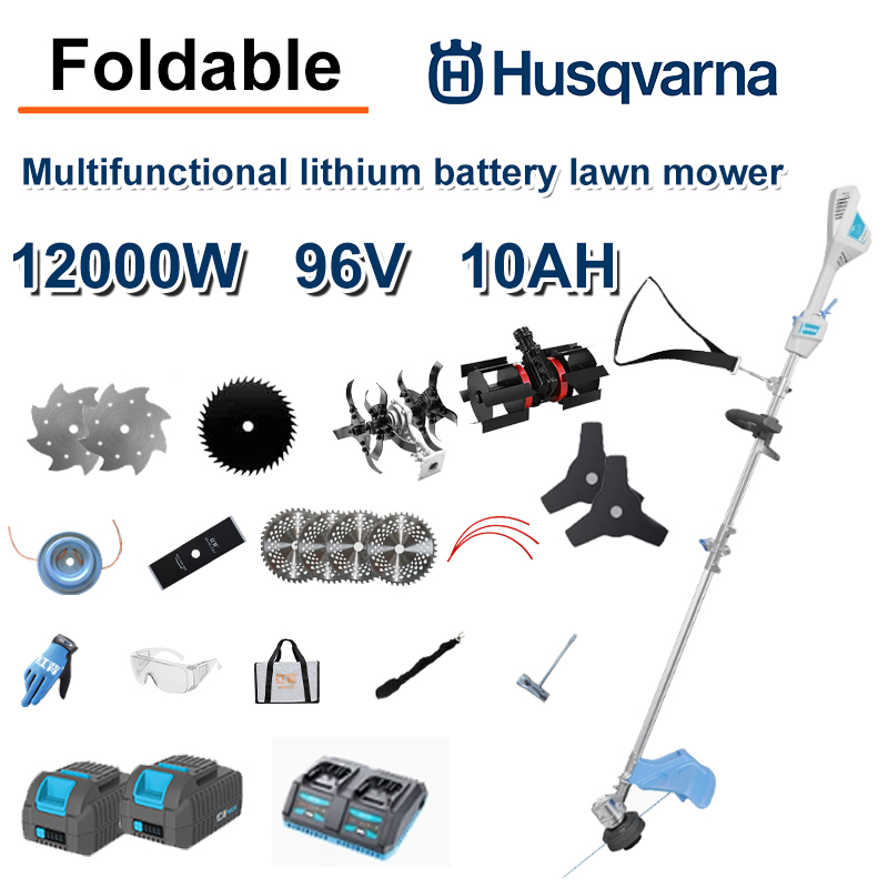 Cortador de grama sem escova de 12.000 W + bateria de lítio 96V / 10AH * 2 + lâmina de serra circular * 4 + lâmina de serra reta + disco de remoção de ervas daninhas + corda de remoção de ervas daninhas * 20 + lâmina de três lâminas * 2 + lâmina de serra de aço + lâmina de serra de liga * 2 + cabeça de remoção de ervas daninhas + Cabeça de arado + Carregador rápido duplo original + outros acessórios + garantia de dez anos