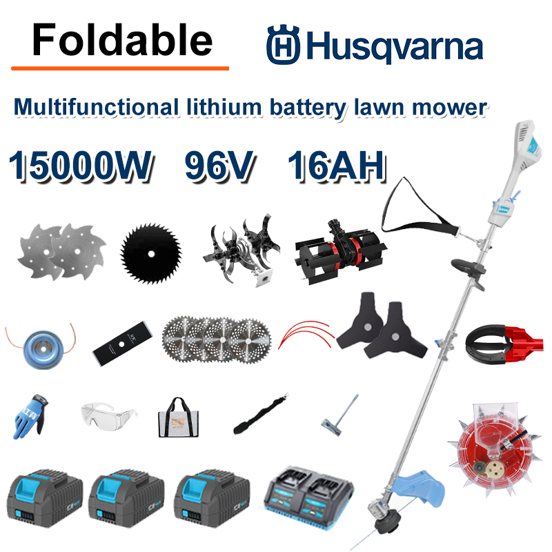 Cortador de grama sem escova de 15000 W + Bateria de lítio 96V / 16AH * 3 + Lâmina de serra circular * 4 + Lâmina de serra reta + Disco de remoção de ervas daninhas + Corda de remoção de ervas daninhas * 20 + Lâmina de três lâminas * 2 + Lâmina de serra de aço + Lâmina de liga * 2 + Cabeça de remoção de ervas daninhas + Cabeça de arado + carregador rápido duplo original + cabeça de colheita de frutas + cabeça de semeadura + outros acessórios + garantia de dez anos